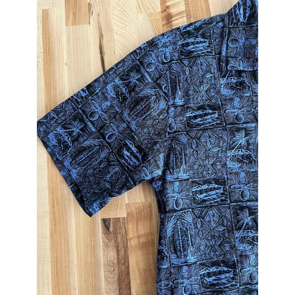Vintage Men's Hawaiian Shirt 100% Cotton Aloha Tiki Block Print Style Blue Blk S - Picture 2 of 7